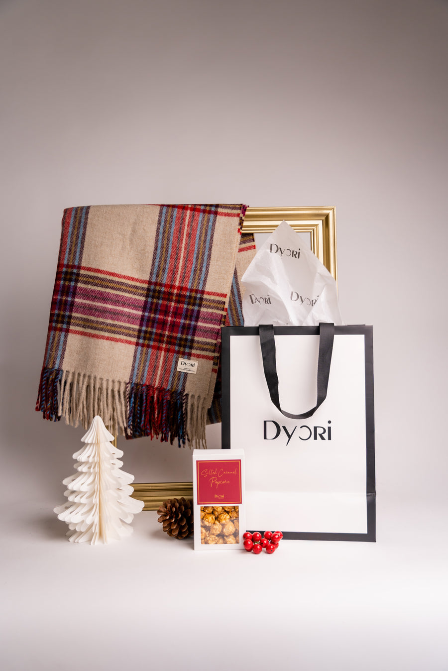 Beige wool shawl with red, blue, and purple tartan check pattern, finished with fringed edges – Dyori 70cm pure wool wrap.