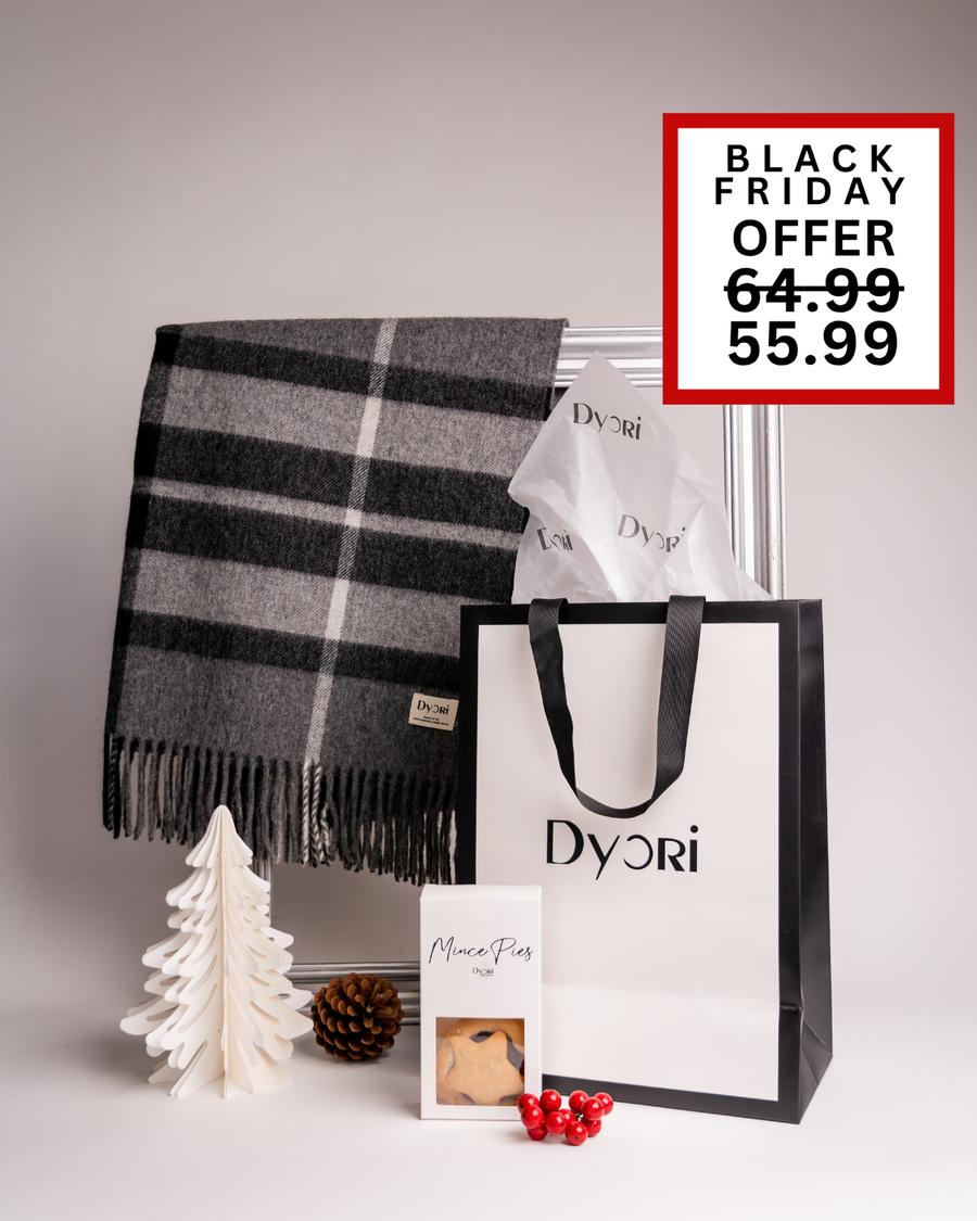 A refined Dyori Christmas set including a black and grey check scarf, mince pies, and a Dyori bag, perfect as a festive gift for him, her, or a corporate client in Malta.