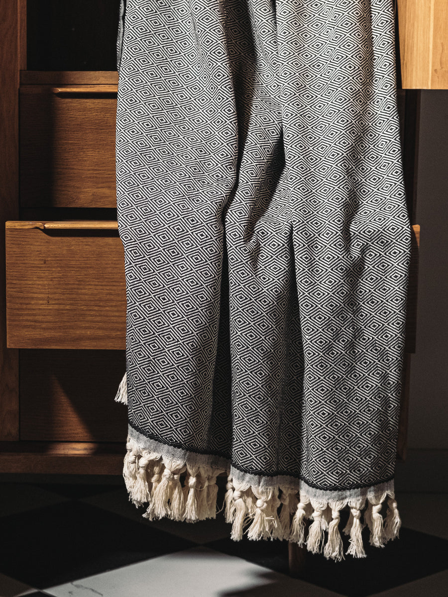 Turkish cotton black diamond weave blanket with Dyori gift bag and salted caramel popcorn.