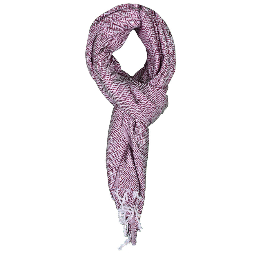 Dyori Rosewood Mist Shawl – A luxurious Turkish bamboo and cotton blend shawl in a soft rose and cream herringbone weave with elegant fringed edges, perfect for gifting or adding warmth and style to any winter outfit.