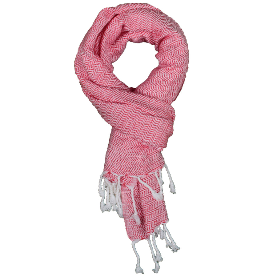 Crimsom Herringbone Bamboo and Turkish cotton shawl in a rich rose-red herringbone pattern, finished with soft white fringe detailing — elegant and lightweight accessory perfect for all seasons