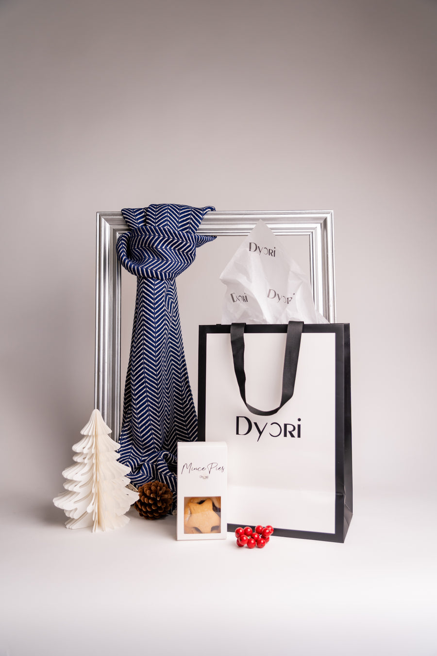 Reversible navy and cream herringbone cotton scarf made in Turkey by Dyori, styled for winter fashion.