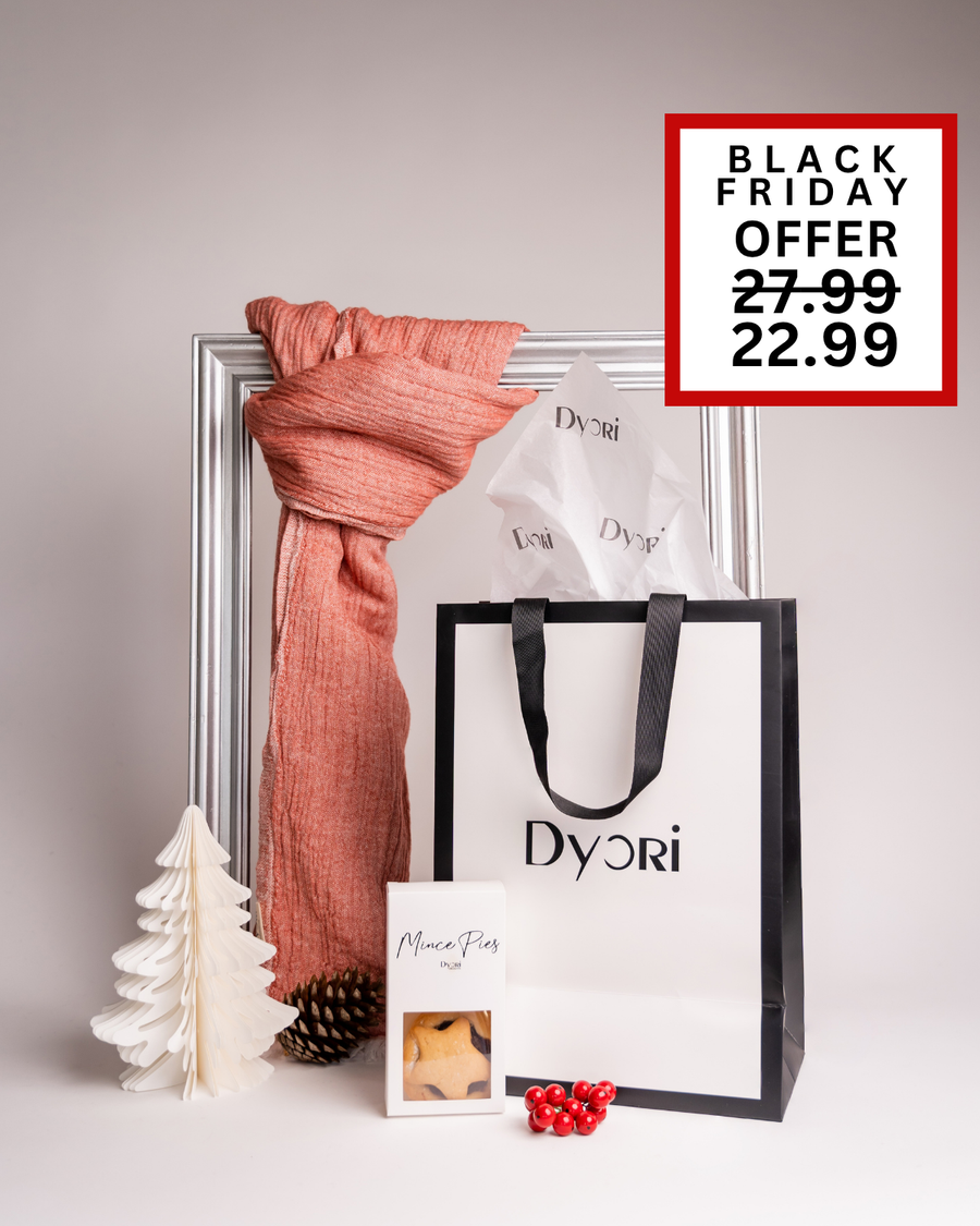 Vibrant coral red scarf with Dyori’s stylish gift bag and mince pies, creating a warm and elegant holiday gift. Part of Dyori’s luxury Christmas gift set collection in Malta. On Black Friday sale for €22.99.