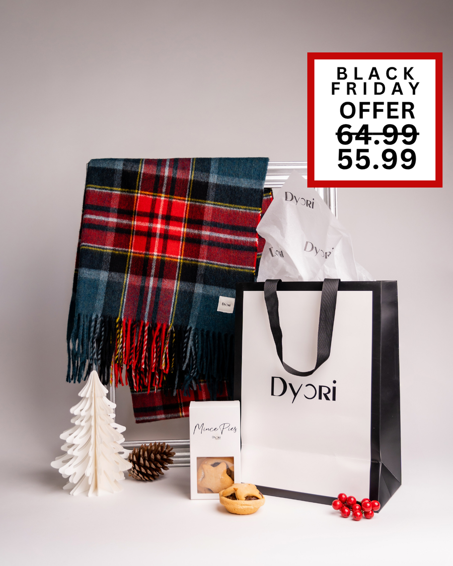 Luxurious red tartan throw from Dyori with festive mince pies and premium packaging. A top-tier luxury Christmas gift set in Malta. Black Friday special: €55.99 (was €64.99).