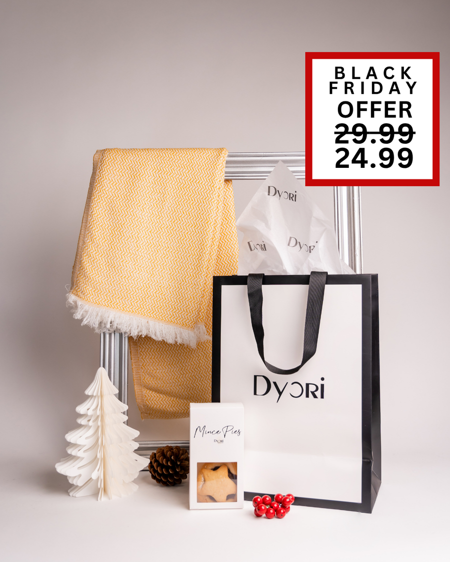 Bright and cheerful yellow herringbone throw with Dyori’s luxury gift bag and mince pies, perfect for a warm Christmas in Malta. Black Friday special offer: €24.99, down from €29.99.