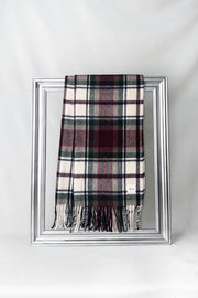 Premium merino wool scarf featuring a classic cream base with burgundy and green checks. Finely woven with soft fringes — a timeless unisex accessory for him or her. Delivered in Malta.