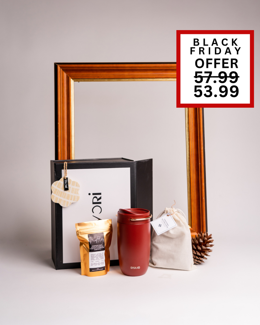 A modern Dyori gift set including a sleek red travel mug and artisanal coffee. Perfect for coffee lovers, professionals, and thoughtful Christmas gifting across Malta.