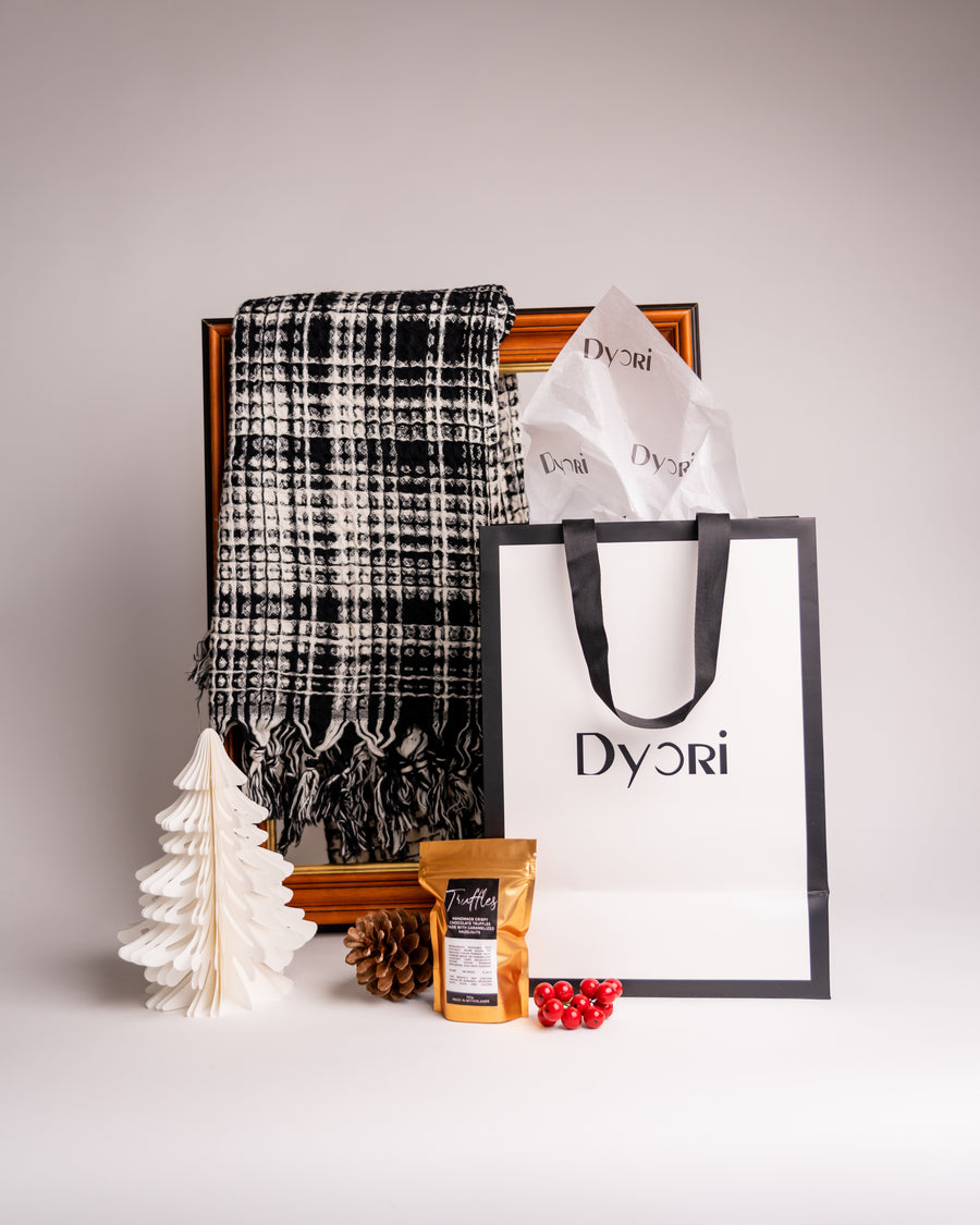 Luxury Black and White Cotton Shawl Gift Set with Truffles – Sustainable Christmas Gifts Malta, Women’s and Men’s Gifts, Corporate Gift Hampers by Dyori