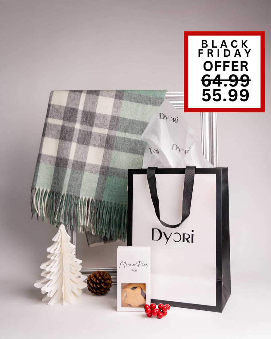A stylish Dyori gift set featuring a green and grey checked scarf, mince pies, and a luxury gift bag. A thoughtful Christmas or Black Friday gift for him or her, available for delivery across Malta.