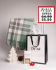 A stylish Dyori gift set featuring a green and grey checked scarf, mince pies, and a luxury gift bag. A thoughtful Christmas or Black Friday gift for him or her, available for delivery across Malta.