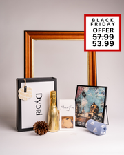 An elegant Dyori set with a golden Bottega bottle, buttery mince pies, and a Maltese-inspired towel. The perfect luxury corporate or festive gift, ideal for Christmas in Malta.