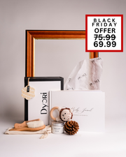 A luxurious Christmas gift set curated for new parents, featuring Our Baby Journal, a handmade crochet rattle, a wooden baby brush and comb set, and a soothing candle. Beautifully packaged by Dyori – the perfect premium baby gift in Malta this Black Friday.