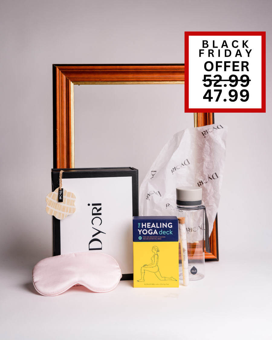 Find your calm with this luxury wellness gift set, including The Healing Yoga Deck, satin sleep mask, water bottle, and elegant Dyori packaging. A thoughtful Christmas gift for relaxation lovers – available at a special Black Friday price in Malta.