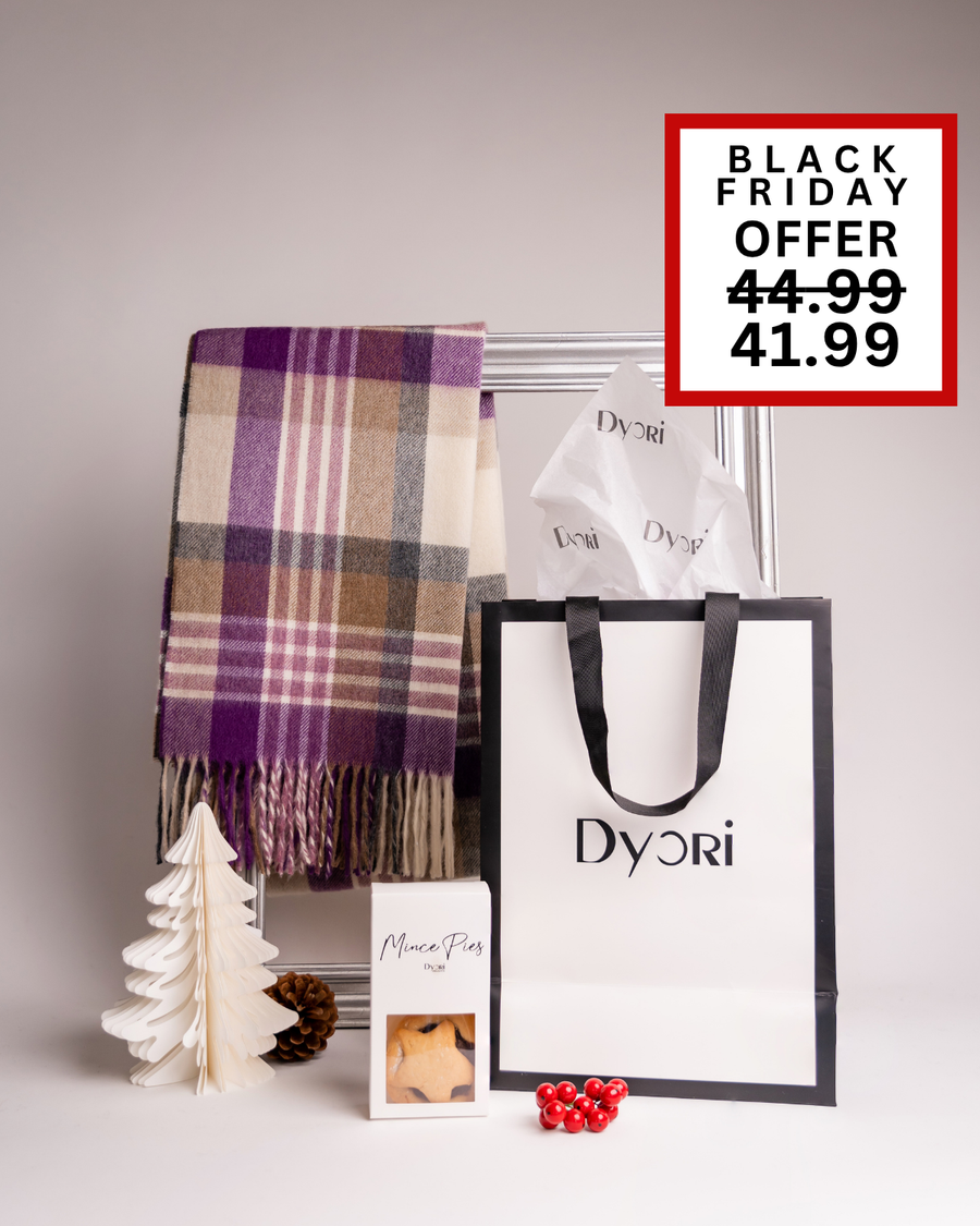 A stylish Dyori set featuring a purple and beige plaid scarf, mince pies, and branded packaging. A chic and thoughtful Christmas or teacher’s gift in Malta.