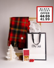 A vibrant red and green tartan Dyori scarf with popcorn and elegant gift packaging. A cozy and cheerful Christmas gift perfect for anyone in Malta.