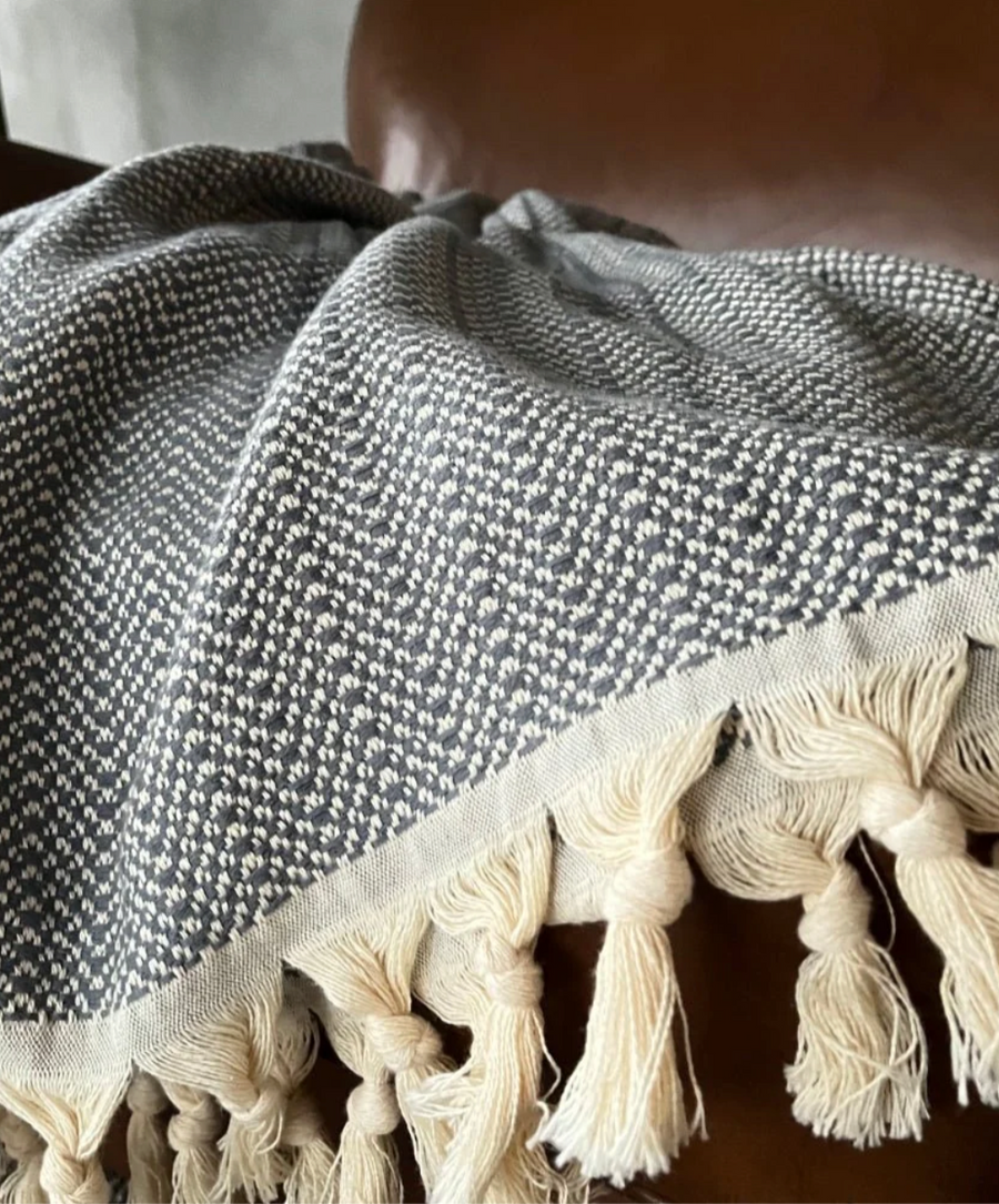 Luxury Turkish cotton blanket gift set featuring a soft woven throw, artisan salted caramel popcorn, and a Dyori signature gift bag — perfect for festive gifting, cozy home décor, and special occasions.