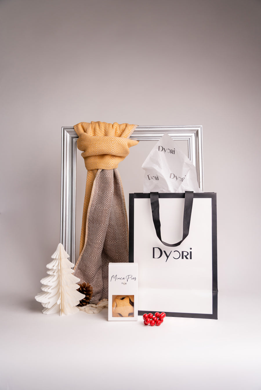 Reversible golden yellow and taupe cotton scarf by Dyori, made in Turkey, featuring a soft woven geometric texture and lightweight finish.