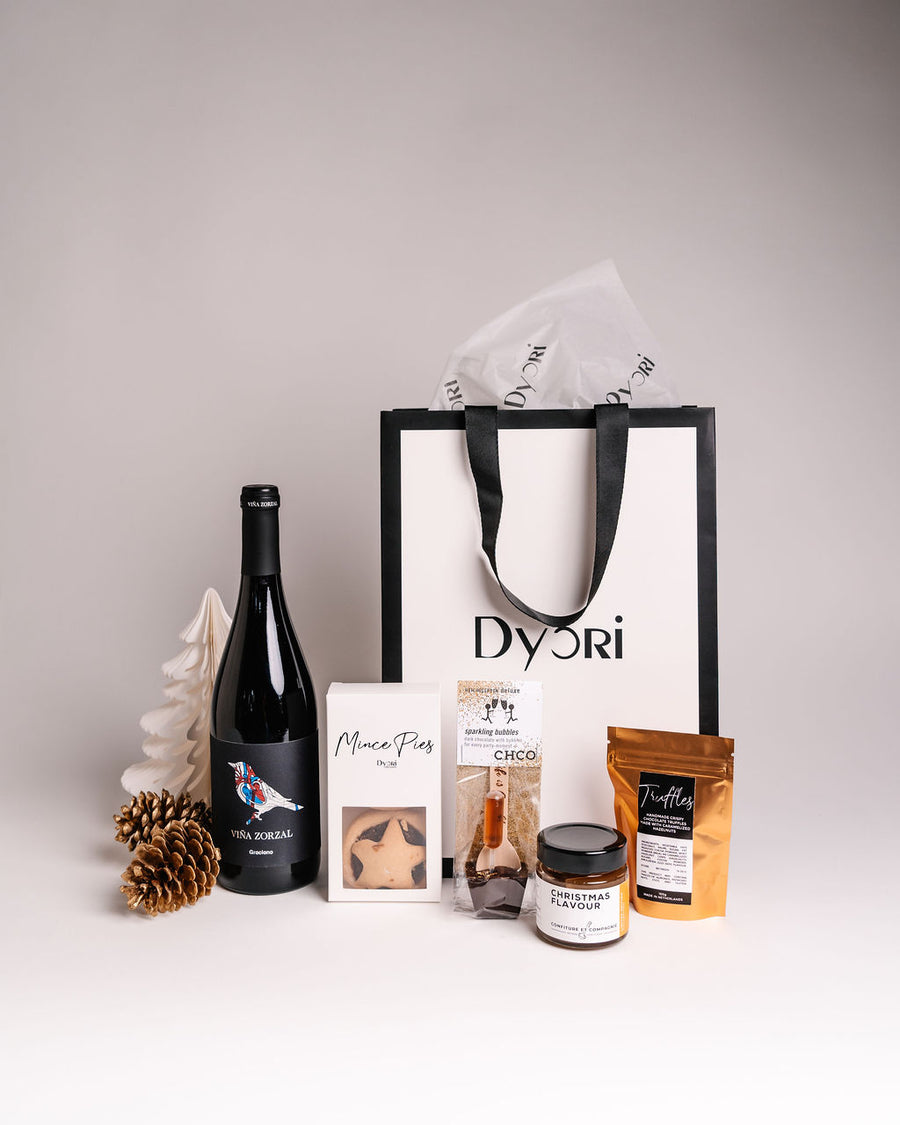 Dyori corporate Christmas gift set with red wine, mince pies, gourmet chocolate, jam, truffles and luxury gift bag – ideal for corporate orders in Malta.
