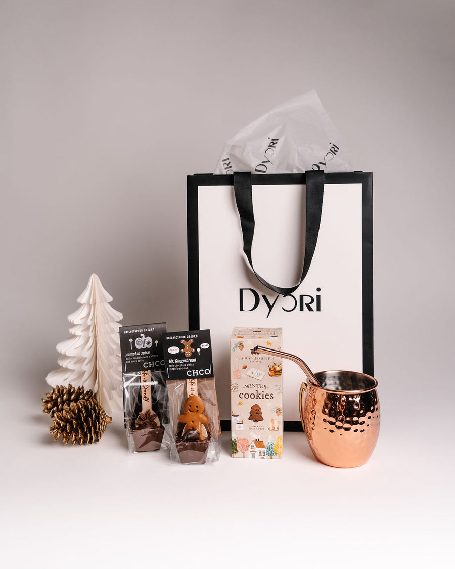 Dyori hot chocolate gift set with copper mug, winter cookies, chocolate stirrers and luxury gift bag – perfect Christmas gift set in Malta