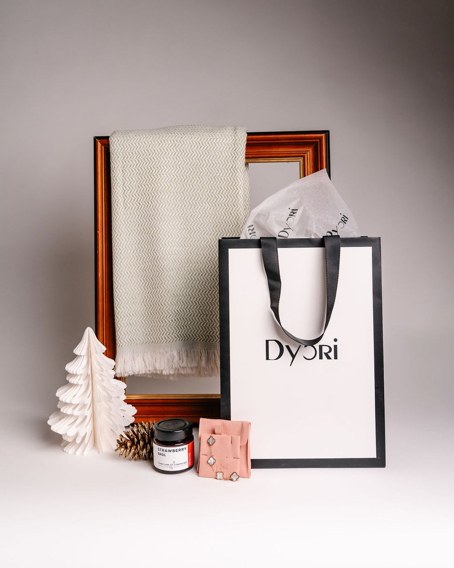 Dyori teacher gift set with soft shawl, strawberry basil candle, elegant earrings and luxury gift bag – perfect thoughtful teacher gifts in Malta