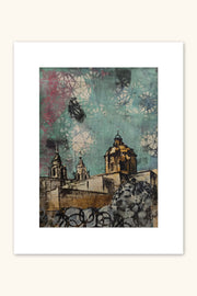 Mdina skyline art print by Laura T with teal and gold abstract background – Maltese cityscape wall art